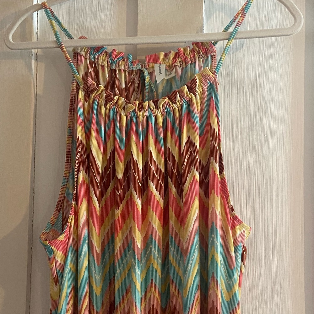 TACERA Maxi Dress XL Chevron Orange/yellow/teal/brown Spaghetti Straps w/tie - Picture 3 of 9